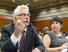 LFT President Steve Monaghan and Legislative Director Mary-Patricia Wray testify at Thursday's BESE hearing.